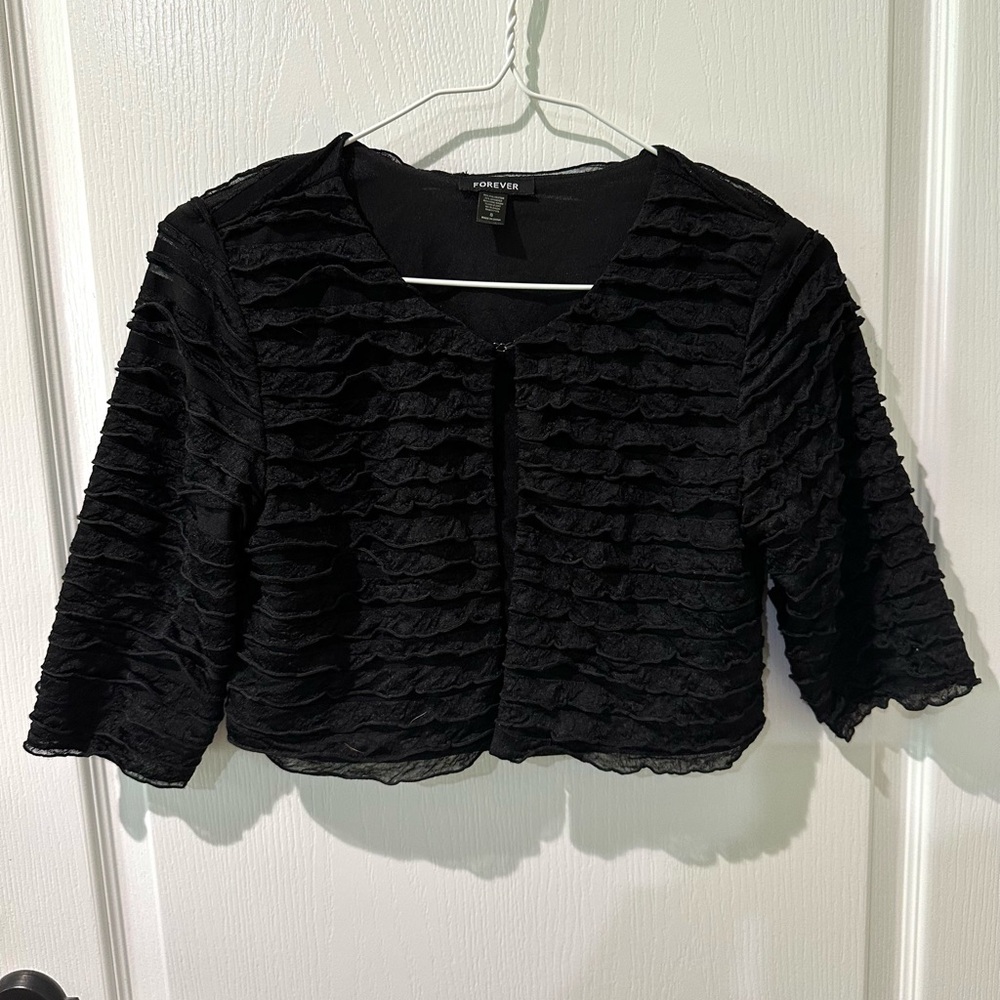 Forever Black Hook Front Ruffle Bolero Cropped Cardigan Jacket Sz S